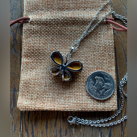 Tigers Eye Butterfly Necklace Tigers Eye Pendant Genuine Tigers Eye Necklace - Picture 2 of 2